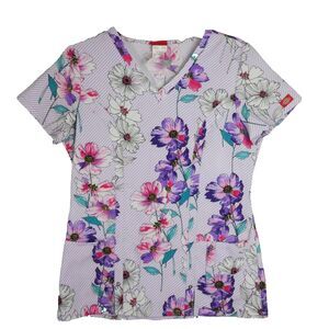 Dickies Scrub Top Women Size S Floral Pink & Purple Polyester V Neck Pulilover